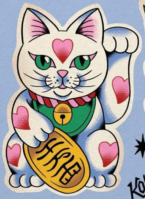 Lucky Cat Tattoo Traditional, Japanese Cat Tattoo, Maneki Neko Tattoo, Lucky Cat Tattoo, Americana Tattoo, Traditional Tattoo Inspiration, Tattoo Apprenticeship, Optical Illusion Tattoo, Sharpie Tattoos