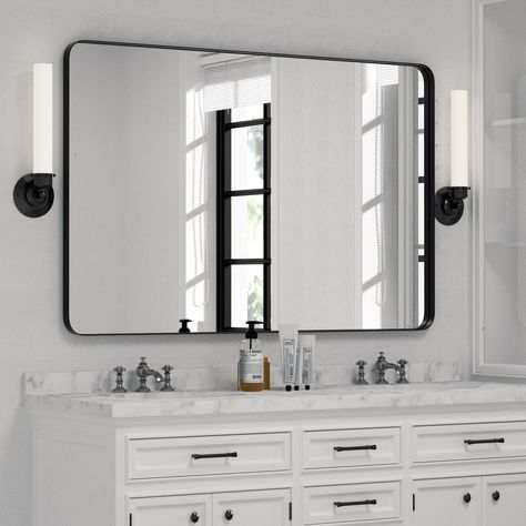 Clavie 30*40 inches Rectangle Vanity /Bathroom Mirror,Wall Mirror with Black Metal Framed, Rounded Corner - Walmart.com Wall Mirror Bathroom, Rectangular Bathroom Mirror, Rectangle Wall Mirror, Mirror Metal, Vanity Wall Mirror, Modern Wall Mirror, Mirror Bathroom, Metal Frame Mirror, Classic Bathroom