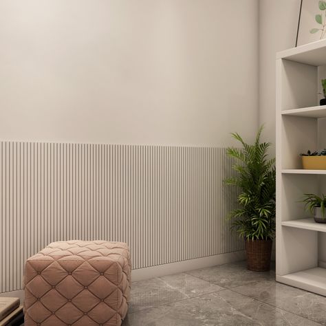 Fluted Wall Panel With Wainscoting, Wainscoting Ideas Office Work Spaces, Half Wall Paneling Ideas Stairs, Fluted Half Wall Panel, Half Beige Half White Wall, Pink Fluted Panel, Half Fluted Wall, Fluted Half Wall, Fluted Wainscoting