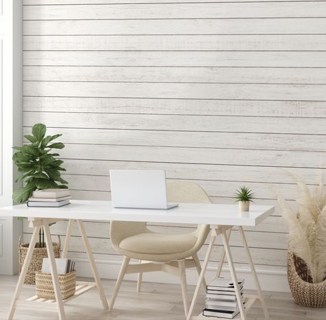 Horizontal Wood Effect Wallpaper, Outdoor Shiplap Wall, White Wood Wall Paneling, Shiplap Horizontal, Whitewash Shiplap, White Wood Wall Panels, Shiplap Room, Shiplap Feature Wall, Alabama Decor