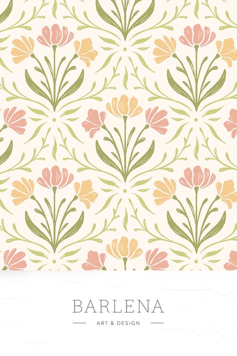 Floral seamless pattern design with handdrawn flowers and leaves in cottagecore style. This design is ideal for stationery, home decor, womenswear and more! Pattern design available for licensing Embroidery Seamless Pattern, Floral Line Illustration, Flowers Motifs Design, Embroidery Print Design, Floral Surface Pattern Design, Scallop Pattern Design, Flower Drawing Design Pattern, Floral Print Design Pattern, Floral Fabric Texture