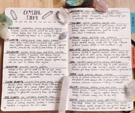 just a peek at the crystal notes i’ve made in my grimoire ~ no particular order to them, i just add notes as i acquire new types of gems; some general uses/associations, plus whatever resonates with me about their energy or folklore Crystal Notes, Venus In Virgo, Capricorn Rising, Types Of Gems, Grimoire Book, Spiritual Journals, Notes Ideas, Witch Spell Book, Book Of Shadow