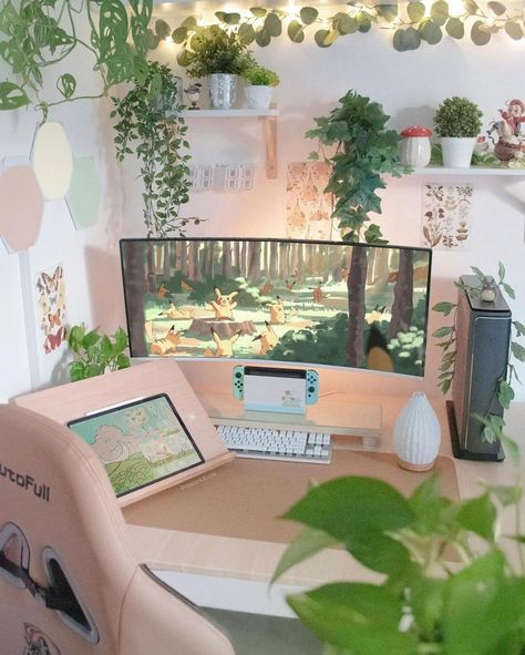 A working environment doesn't have to be neat and boring, and there are many ways to experiment. Here are some of the cutest desk setups for a fun workspace! Ikea Desk Hack, Legends Arceus, Gaming Desk Setup, Cozy Desk, Gamer Room Decor, Video Game Room Design, Gaming Setups, Desk Inspo, Desk Inspiration