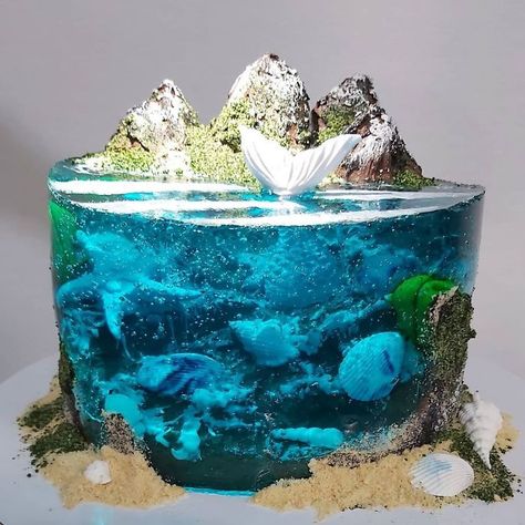 Paradise-Island-Cake-Art Bolo Tom E Jerry, Island Cake, Ocean Cakes, Jello Cake, Sea Cakes, Beach Cakes, Twins Birthday, Jelly Cake, Mermaid Cakes