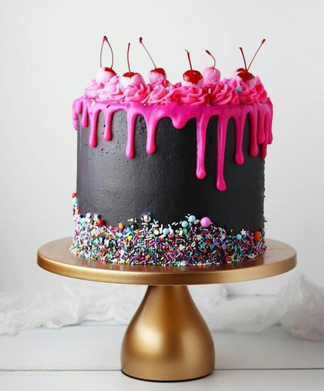 Black Buttercream Cake, Glam Cake, Wedding Cake Stand Gold, Black Buttercream, Lewiston Idaho, Gold Cake Stand, Fancy Sprinkles, Wedding Cake Stands, Cake Videos