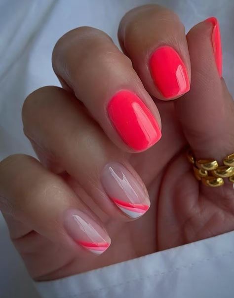 Gelish Brights Have More Fun, Bright Pink Manicure, Coral Holiday Nails, Bright Coral Summer Nails, Summer Biab Nails 2024, Coral Gel Nails Summer, Bright Holiday Nails, Biab Colours, Hot Coral Nails