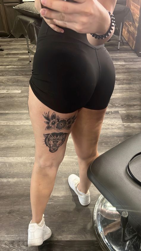 Back If Leg Tattoos, Back Of Shin Tattoo Women, Top Of Leg Tattoo, Tattoo Behind Thigh Women, Front Of Calf Tattoos For Women, Leg Tattoos On Women, Upper Hamstring Tattoo, Tattooed Legs Women, Patchwork Tattoo Legs Women