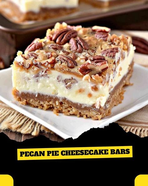 Pecan Cheesecake Bars Easy, Pecan Cream Cheese Bars, No Bake Pecan Pie Cheesecake Bars, Brown Sugar Pecan Pie Cheesecake, Prize Winning Desserts, Pecan Pie Cheesecake Recipe Easy, Award Winning Dessert Recipes, No Bake Pecan Pie Cheesecake, Pecan Deserts