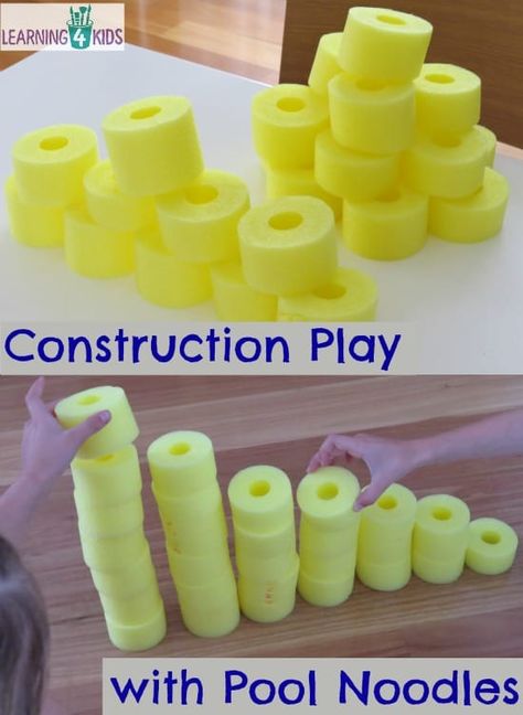 Pool Noodle Activities Fine Motor Fun | Learning 4 Kids Outstanding Eyfs Provision, Construction Gross Motor Activities, Construction For Preschool, Preschool Construction Activities, Pool Noodle Activities, Construction Activities Preschool, Construction Theme Preschool, Play Therapy Activities, Preschool Construction