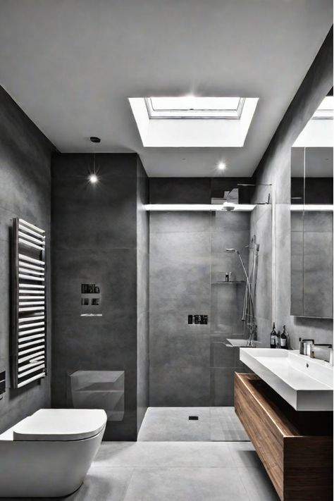 Embrace the raw, utilitarian appeal of concrete, brick, and metallic tiles for your industrial-inspired bathroom. Discover unique Bathroom Flooring Ideas that will transform your space. Industrial Minimalist Bathroom, Small Concrete Bathroom, Industrial Minimalist House, Bathroom Grey Floor, Modern Bathroom Flooring, Concrete Tile Bathroom, Small Grey Bathroom, Concrete Bathroom Ideas, Industrial Bathroom Ideas