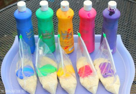 Easiest Way to Dye Rice for Sensory Play - The Imagination Tree Dye Rice, Maluchy Montessori, Imagination Tree, Sensory Bags, Baby Sensory Play, Sensory Activities Toddlers, Nursery Activities, Colored Rice, Toddler Sensory