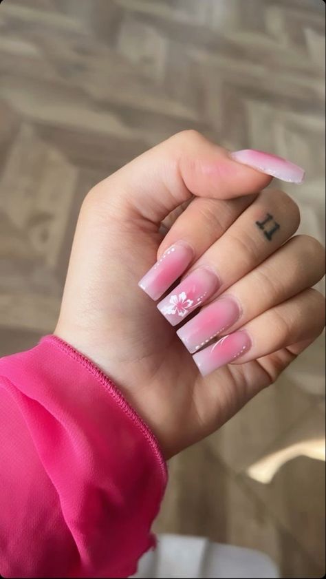 #nails #explorepage Med Length Cute Nails, Pink Karol G Nails, Summer Acrylic Nails Light Pink, Short Karol G Nails, Pink Nails Acrylic Medium Length, Medium Nails Inspiration, Latina Nail Designs Pink Short, Hand Drawn Nail Art Acrylics, Baddie Square Nails