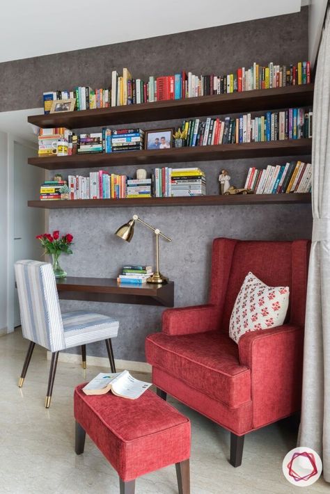 Home Library Rooms, Study Room Design, Geek Decor, Home Library Design, Ideas Hogar, Study Room Decor, Red Chair, Decor Minimalist, House Interior Decor