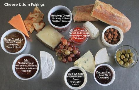 Who doesn't love a good cheese platter?  Add to that, savory jams, salty crackers and crusty bread and you have the makings for an entire meal!  Or serve this u Bread For Cheese Board, Cheese Board Spreads, Cheese Pairings Jam, Jam For Cheese Board, Jams For Charcuterie Board, Charcuterie Jams, Cheese Knowledge, Cheese And Jam Pairings, Jam Pairings