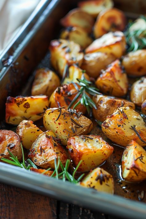 Roasted potato wedges with rosemary and spices in a baking dish. Easy Roast Potatoes, Oven Rosemary Potatoes, Potato In Oven Recipes, Roasting Potatoes In Oven, Roasted Veggies Thanksgiving, Rosemary Potatoes Roasted, Roasted Potatoes Meal, Roasted Potatoes Rosemary, Crispy Roasted Potatoes In Oven