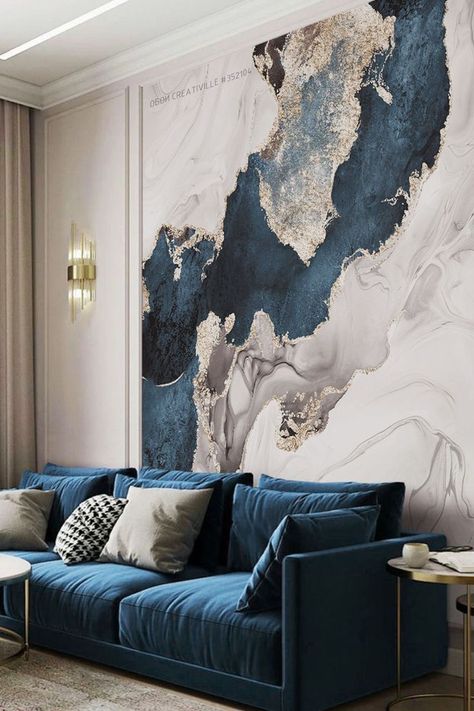 Sofa Wall, Wallpaper Interior, Luxury Living Room Design, Wall Designs, Bad Design, Beautiful Interior Design, Modern Blue, Interior Design Art, Wallpaper Living Room