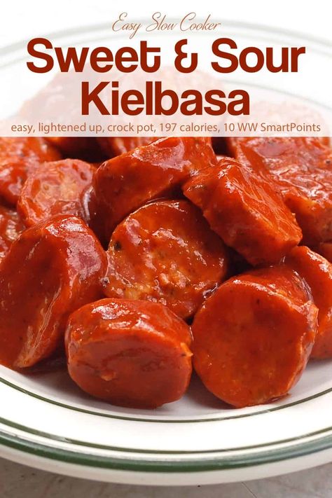 Slow Cooker Sweet & Sour Kielbasa is a great recipe for get-togethers of all kinds, but it also makes a delicious slow and easy dinner. #slowcookersweetsourkielbasa #sweetsourkielbasa #slowcookerkielbasa #crockpotkielbasa #kielbasa Kielbasa Dinner, Sweet And Sour Kielbasa, Turkey Kielbasa Recipes, Kielbasa Appetizer, Turkey Kielbasa, Slow Cooker Kielbasa, Recipes Slow Cooker, Crockpot Appetizers, Kielbasa Recipes