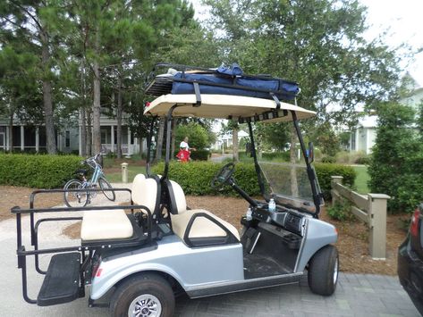 Beach hacks for getting your gear to the beach:  If you are staying in Watercolor, Fl. it's a hike to the beach and too far to carry all your beach chairs, umbrellas, etc.  Rent a golf cart and your hauling becomes not only easier but actually fun. #beachhacks Golf Cart Beach, Yamaha Golf Cart Accessories, Ezgo Golf Cart Accessories, Golf Cart Storage, Ezgo Golf Cart, Golf Club Grips, Yamaha Golf Carts, Custom Golf Carts, Golf Diy