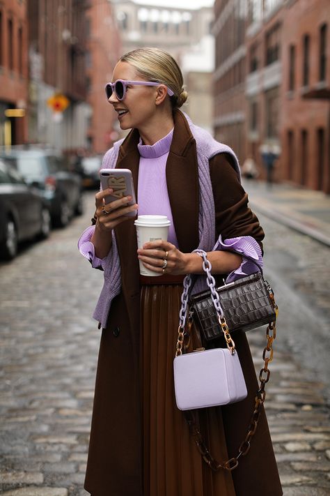 Lilac and Brown Color Combination for Fall | Lilac Handbag, Lilac Sweater Purple And Brown Outfit, Purple And Brown, Hijab Look, Look Formal, Purple Outfits, Colour Combo, Winter Mode, Brown Outfit, Beautiful Colours