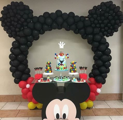 Cake Table Display, Birthday Party Cake Table, Mickey Mouse Party Decorations, Mickey Mouse Birthday Theme, Mickey Mouse Birthday Decorations, Mickey 1st Birthdays, Mickey Mouse Birthday Cake, Mickey Mouse Themed Birthday Party, Ideas For Birthday Party