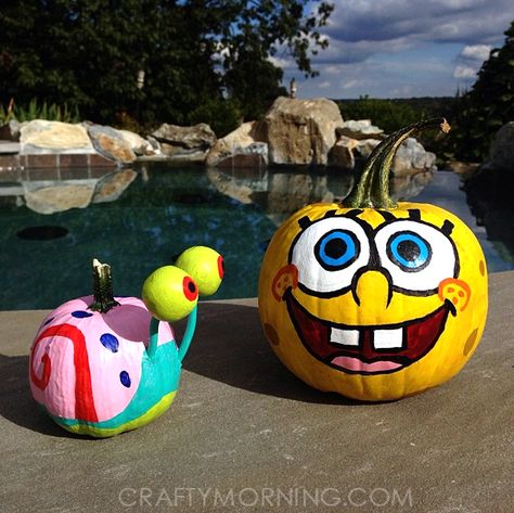 Spongebob Pumpkin, Pumpkin Ideas For Kids, Painted Pumpkin Ideas, Creative Pumpkin Painting, Creative Pumpkin Decorating, Character Pumpkins, No Carve Pumpkin Decorating, Pumpkin Decorating Contest, Pumpkin Contest