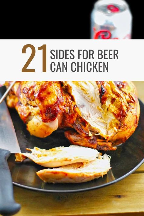 beer can chicken on a black plate with a knife and a can of beer in the background Chicken In The Smoker, Barbecue Appetizers, Smoked Beer Can Chicken, Summer Bbq Side Dishes, Smoked Chicken Recipes, Drunken Chicken, Can Of Beer, Bbq Party Food, Chicken Poppers