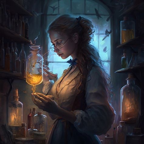 Simic Scientist Dnd, Nurse Fantasy Art, Healing Magic Fantasy Art, Magic Classroom Fantasy Art, Fantasy Occupations, Magic Researcher, Fantasy Scientist, Wizard Laboratory, Fantasy Laboratory