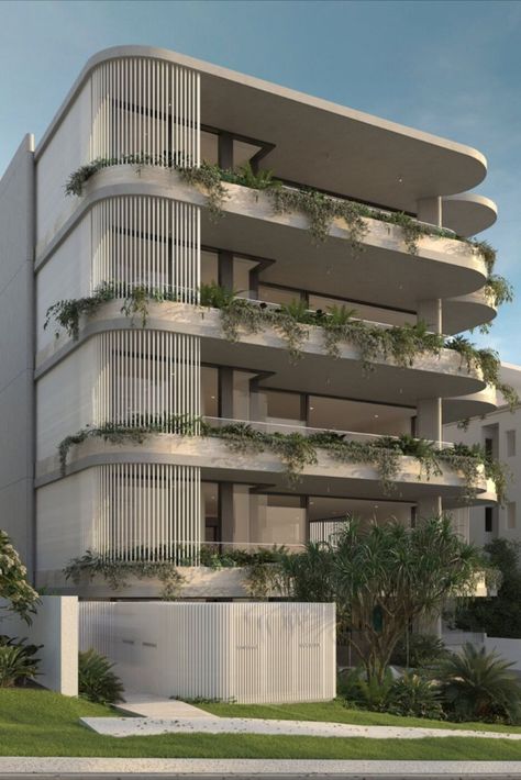 Midrise Residential Building, Apartment Design Ideas Exterior, Beautiful Apartment Buildings, Residential Building Facade Design, Facade Architecture Design Buildings, Greenery Building, Modern Hotel Exterior, Architecture Elevation Design, Hotel Building Architecture