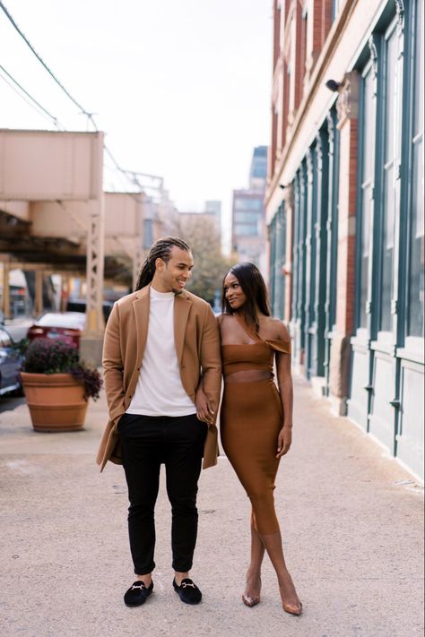 Engagement Photo Outfits Fall, Fall Engagement Photos, Couple Engagement Pictures, Vintage Inspired Wedding Dresses, Black Love Couples, Engagement Photos Fall, Matching Couple Outfits, Brown Outfit, Engagement Photo Outfits