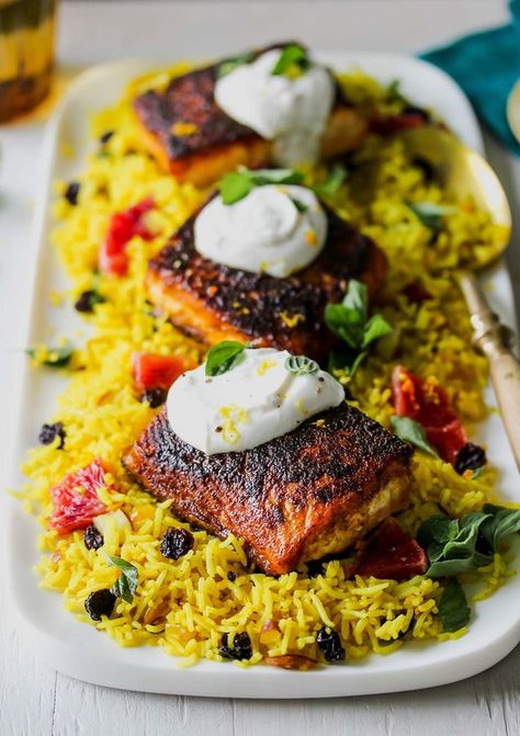 Crispy Salmon with Indian Spices and Jeweled Rice Indian Salmon, Jeweled Rice, Dishing Out Health, Crispy Salmon, Spiced Lentils, Salmon Spices, Lentil Burgers, Seafood Recipes Healthy, Easy Salmon Recipes