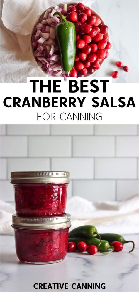 Try the best cranberry salsa for canning with this simple recipe that combines tangy cranberries, spicy peppers, and apple cider vinegar. This water bath canning recipe creates a versatile condiment for holiday meals or any time of year. Find more holiday recipes, preserving cranberries, Thanksgiving side dishes, and Christmas Jam & Canning Gifts at creativecanning.com. Preserving Cranberries, Canning Cranberry Juice, Cranberries Thanksgiving, Salsa For Canning, Canning Hot Peppers, Cranberry Chutney Recipe, Canning Gifts, Cranberry Recipe, Salsa Canning Recipes