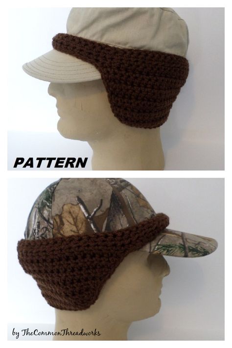 Crochet Baseball Hat Ear Warmer, Crochet Ball Cap Ear Warmer Free Pattern, Ball Cap Ear Warmer Pattern Free, Crochet Project For Men, Crochet Baseball Hat Holder, Crochet Baseball Hat, Crochet Ear Warmer Free Pattern, Solid Color Crochet, Messy Bun Hat Crochet Pattern