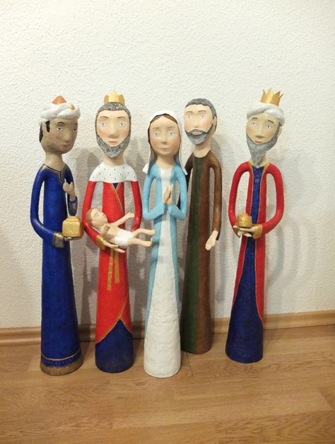 Paper mache  Nativity Set Paper Mache Nativity Diy, Homemade Nativity, Paper Mache Nativity, Nativity Figures, Remembering Mom, Diy Nativity, Nativity Scenes, Nativity Ornaments, Nativity Crafts