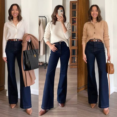 Flare Jeans And Shirt Outfit, Bootcut Jean Work Outfits, Relaxed Work Outfit Winter, Casual Sofisticated Outfits, Staple Work Outfits, Classic Jean Outfits For Women, Work Outfits Women Jeans Winter, Dark Denim Jeans Outfit Work, Flared Jeans Work Outfit