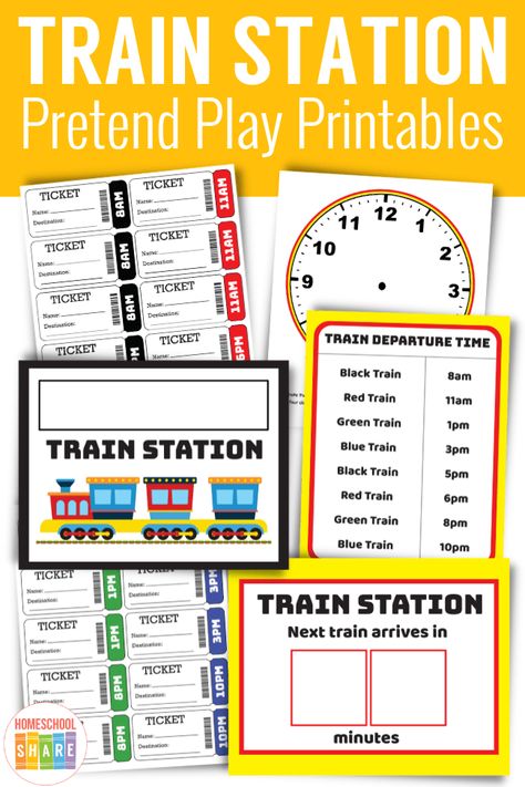 Train Station Dramatic Play Printables - Homeschool Share Transportation Dramatic Corner, Train Station Pretend Play, Transportation Theme Dramatic Play, Train Dramatic Play Preschool, Train Station Dramatic Play Preschool, Transportation Theme Preschool Dramatic Play, Train Dramatic Play, Transportation Dramatic Play Preschool, Airport Dramatic Play Preschool