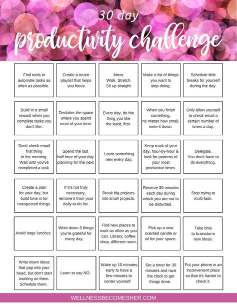 If you're feeling inspired, we have a great 30 Day Productivity Challenge that you can do. The challenges aren't assigned to certain days. As soon as you finish one that you want to do, mark it off  and go for the next one that suits your fancy. Have fun with it! And here's to being the best productive version of you! #wahm #30daychallenge Productivity Challenge, Minimalism Challenge, February Challenge, Productive Work, Declutter Challenge, Detox Challenge, Monthly Challenge, Squat Challenge, Feeling Inspired