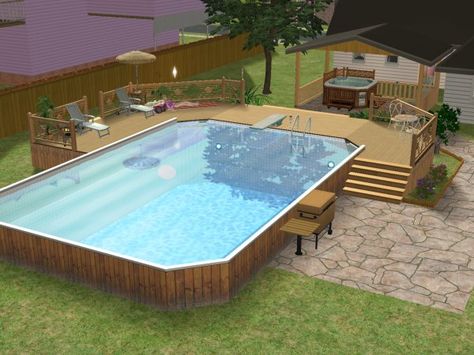 How to make an above ground pool - tutorial is for Sims 2, but might still work in 3?? Mod Pool, Small Above Ground Pool, Oberirdischer Pool, Pool Landscaping Ideas, Moderne Pools, Deck And Patio, Swimming Pool Decks, Swimming Pool Landscaping, Pool Landscape