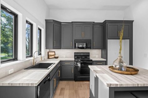 Grey Cabinets With Gold Hardware, Gray Cabinets With Gold Hardware, Gold Hardware Kitchen, Cabinets With Gold Hardware, Waterfall Counter, Cabinet Glass Doors, Bronze Kitchen, Black Sink, Gray Cabinets