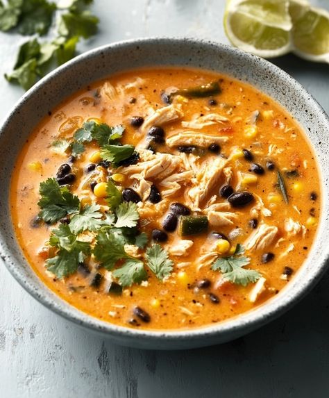 Easy Chicken, Poblano, And Black Bean Soup Recipe Black Bean And Chicken Soup, Chicken Poblano Soup Recipe, Mexican Bean Soup Recipes, Chicken Black Bean Soup, Bean Chicken Soup, Chicken Poblano Soup, Chicken Poblano, Black Bean Chicken Chili, Pioneer Woman Chicken