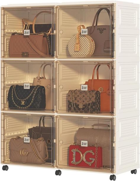 pace-Saving Innovation: the purse organizer is foldable and stackable, maximizing storage use. Use purse organizers for closet individually or in combination to create a personalized storage system tailored to your needs.
Magnetic Door Design: The doors feature hidden magnets, ensuring effortless opening and closing. 
Transparent Doors: Not only does the display cabinet add style to your space, but its transparent design also enables quick retrieval of your items. Closet Purse Storage, Transparent Doors, Organizer For Closet, Purse Storage, Handbag Storage, Magnetic Door, Cubby Storage, Purse Organizer, Handbag Organization