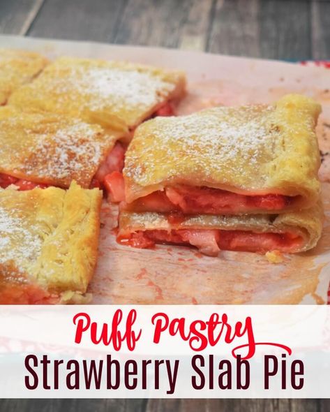 Have you ever made a slab pie? This Puff Pastry Strawberry Slab Pie is an easy recipe to make and serve at your next barbecue or cookout, and it's the perfect dessert for packing in your lunch! #puffpastry #dessertrecipes #strawberryrecipes #desserts #summerdesserts Puff Pastry Slab Pie, Strawberry Slab Pie, Using Canned Peaches, Peach Slab Pie, Strawberry Puff Pastry, Pie With Puff Pastry, Using Puff Pastry, Watermelon Cookies, Berry Dessert Recipes