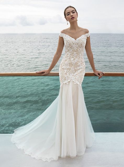 20 Beach Wedding Dresses for Easy, Breezy Style - lace wedding dress with off-the-shoulder neckline - Dress by Demetrios Demetrios Wedding Dress, Wedding Dresses Sydney, Simple Wedding Gowns, Wedding Gown Styles, Royal Wedding Dress, Essense Of Australia, Destination Wedding Dress, Wedding Dress Pictures, Wedding Dresses Photos