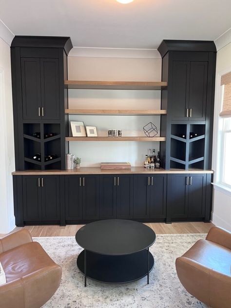 Built in Bars - Autumnwood Designs Flex Space Ideas Entry, Built In Dry Bar With Wine Rack, Wall Bar Cabinets, Snack Bar Ideas Basement, Built In Bar With Wine Rack, Bar And Library Room, Bar With Bookshelves, Social Room Ideas, Modern Rustic Basement Bar