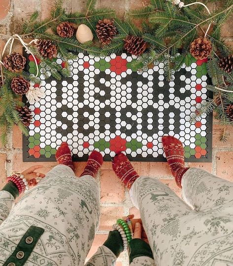 Tile Mat Ideas, Letterfolk Mat, Hexie Patterns, Mat Inspiration, Letter Folk, Tile Mat, Mat Ideas, Door Mat Diy, Happy December