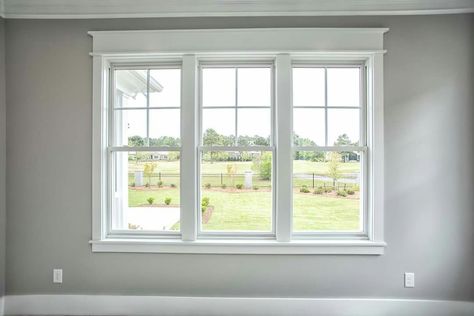 3 Front Windows House, Triple Window Trim, Window Trim Ideas Interior Multiple Windows, New Build Window Ideas, 4 Over 1 Windows Home, Two Over Two Windows, 2 Over 2 Windows, Triple Window Living Room, Traditional Window Design