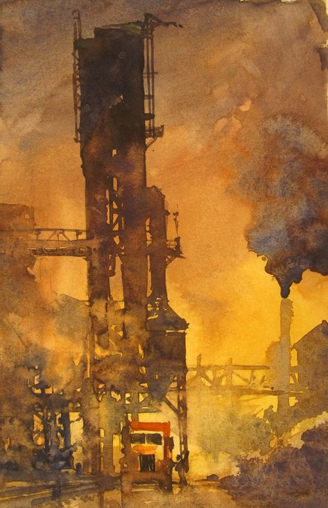 Urban Landscape Artists, Industrial Landscape Art, Industrial Paintings Art, Industrialization Art, Industrial Concept Art, Industrial Landscape, Industrial Art Painting, Industrial Paintings, Industrial Architecture