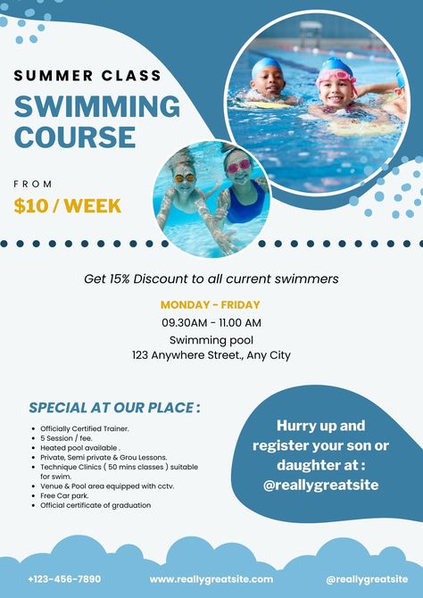 Dive into the world of swimming with our custom-designed course flyers! Perfect for any swim school or club. Swim School Design, Gym Ads, Learn Swimming, Swimming School, Course Flyer, Pool Background, Promotion Flyer, Swimming Classes, Summer Classes