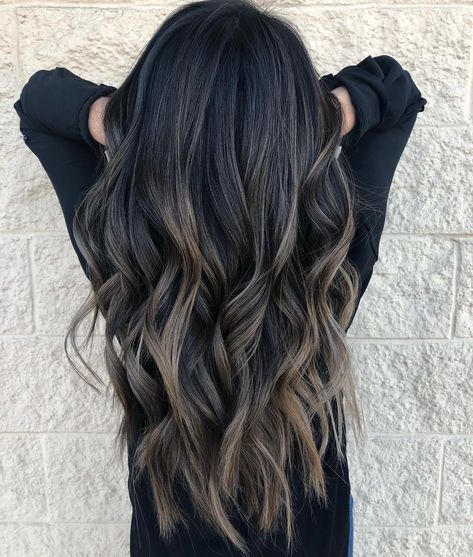 Balayage On Long Black Hair, Dark On Dark Balayage, Black Long Hair Highlights, Black With Balayage, Long Hair No Extensions, Dark Brown Bolyoge Hair, Black Hair With Balayage Highlights, Long Black Hair Balayage, Brown Hair With Ashy Balayage