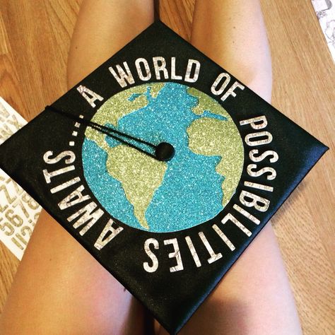 My graduation cap! A world of possibilities awaits.... College Graduation Cap Decoration, Grad Hat, World Of Possibilities, Grad Cap Designs, Nursing School Graduation, Graduation Cap Toppers, Graduation Cap Designs, Graduation Caps, Graduation Hat