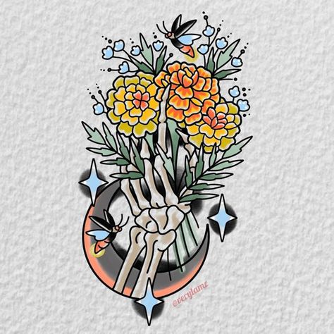 Jenny Boulger on Instagram: "A bouquet of Marigolds & Baby’s Breath to take with you into the eternal night 🌙 This is a bigger one, at least 7”x4”. Would look great on a leg or upper arm. Can also be done in black & grey." Marigold Flower Tattoo Traditional, Marigold Tattoo, Ipad Inspo, Flower Floor, Halloween Floral, Marigold Flower, Baby S Breath, Tattoo Illustration, Design Drawings